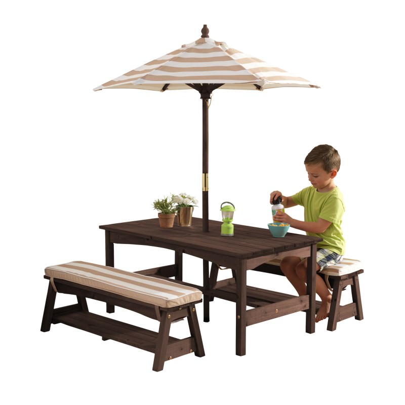 Kidkraft Kids Outdoor Table And Bench Set With Cushions And Umbrella Oatmeal And White Stripes