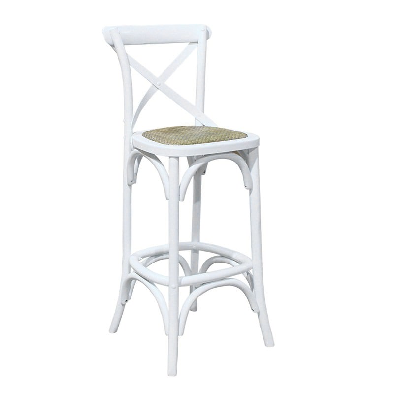 Esai Birch Timber Cross Back Bar Stool with Rattan Seat, White