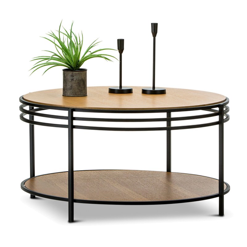 Sofia Metal Round Coffee Table, 80cm, Light Oak / Black
