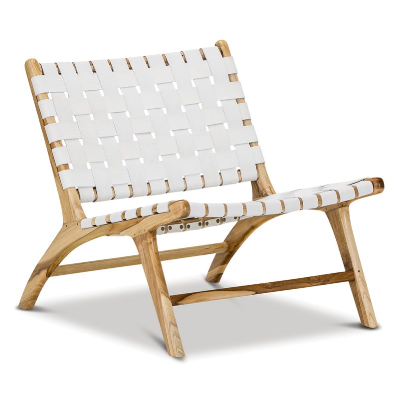 Lazie Woven Leather Teak Lounge Chair, White