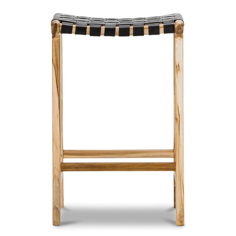 Lazie Woven Leather & Teak Counter Stool, Black
