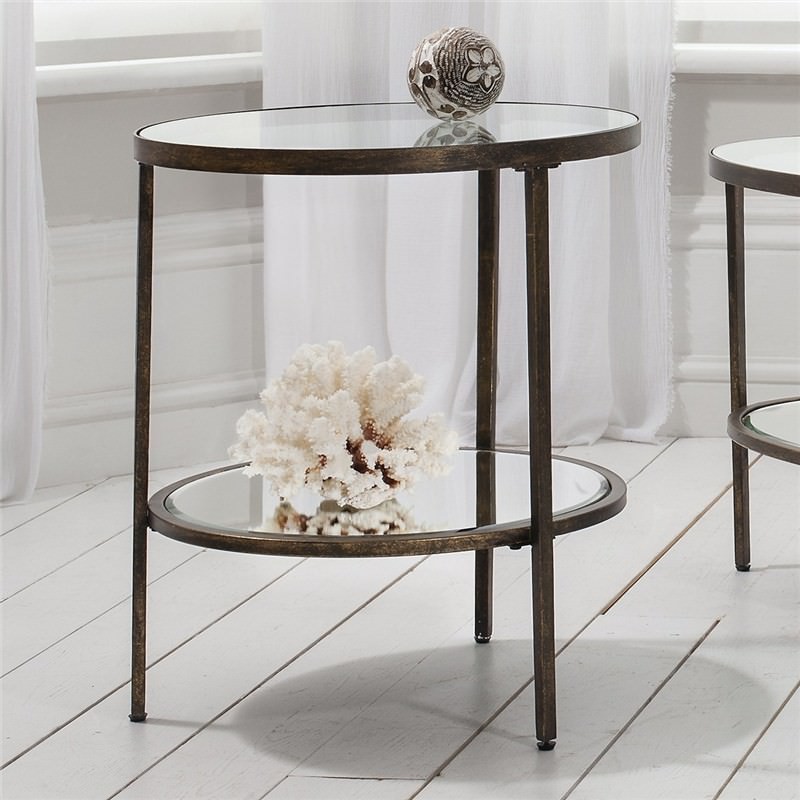 Hudson Glass & Metal Round Side Table, Aged Bronze