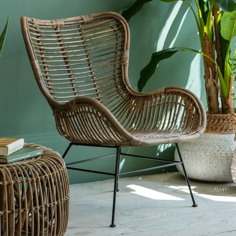 Vestil Rattan & Iron Lounge Chair, Natural