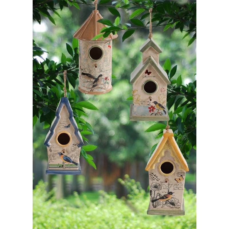 Set Of 4 Assorted Ceramic Hand Painted Bird House On A Rope