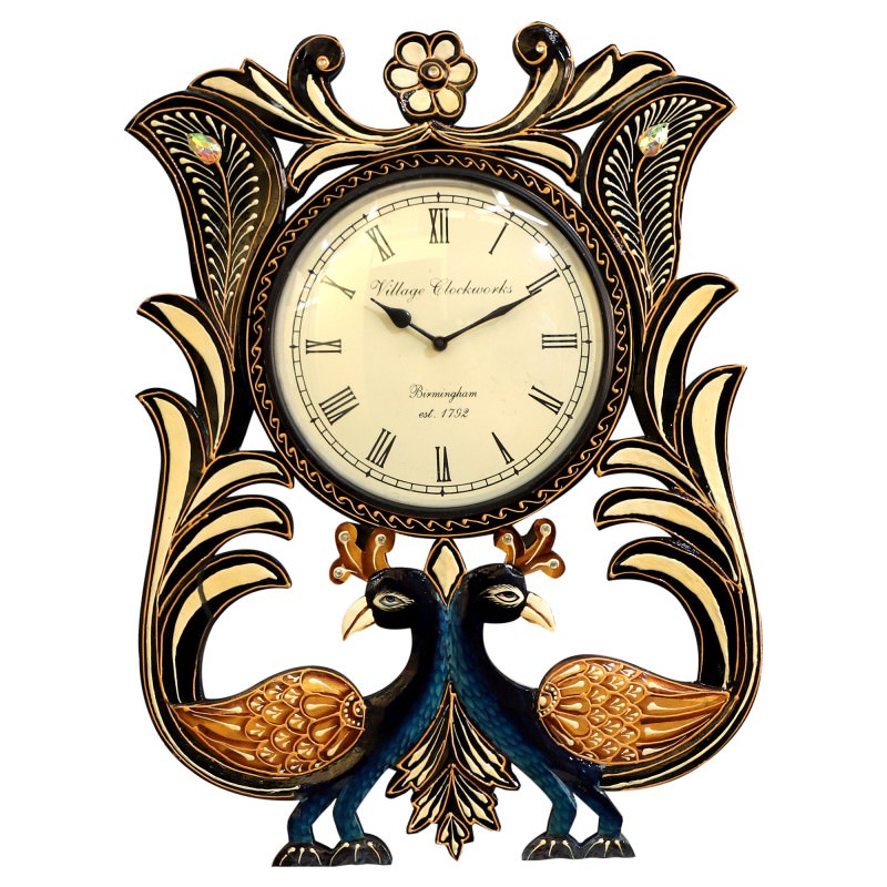 Kova Hand Painted Wooden Peacock Wall Clock, 60cm