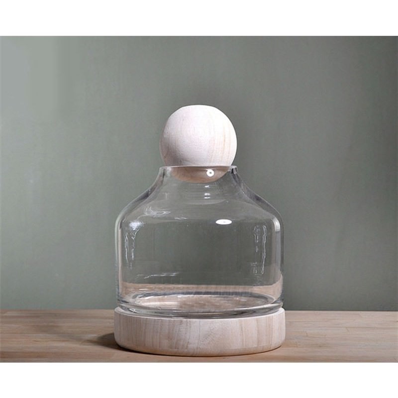 Clear Glass Display Bottle with Wood Base and Sphere Lid