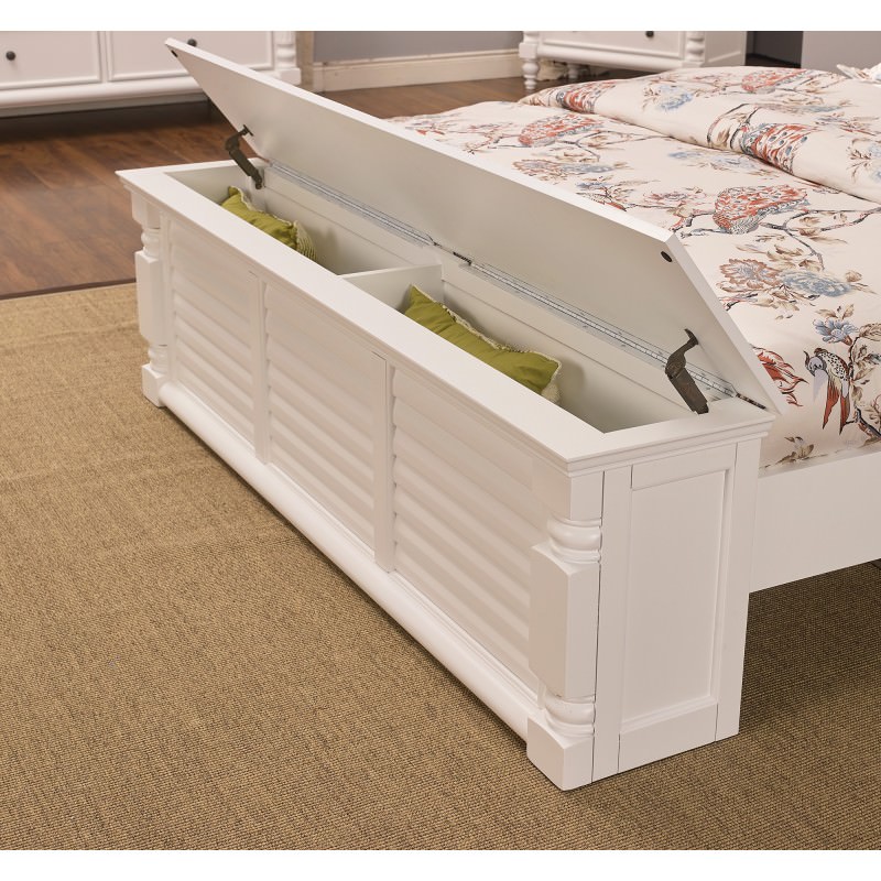 Fitzroy Poplar Timber Bed with End Storage Bench, Queen, Distressed White