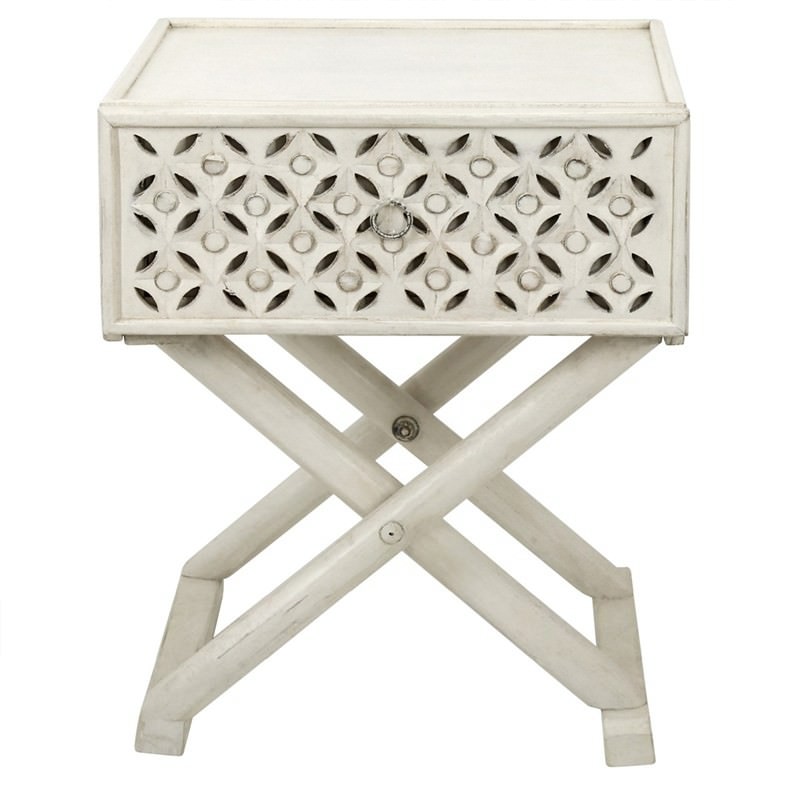 Luxor African Carved Wooden Criss Cross Side Table Distressed White