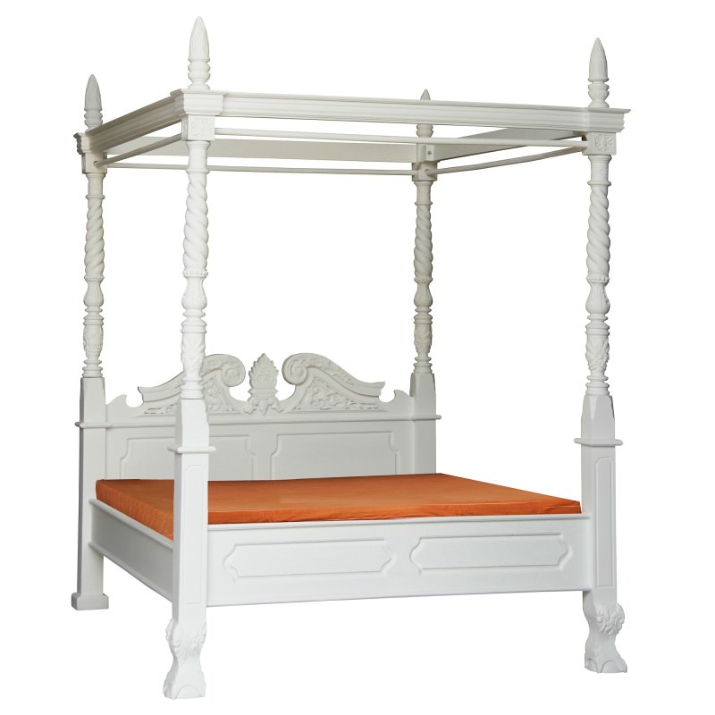 Jepara Mahogany Timber 4 Poster Bed Queen White This poster bed features raised panels on the headboard and footboard with squared, tapered posts and slightly flared legs.