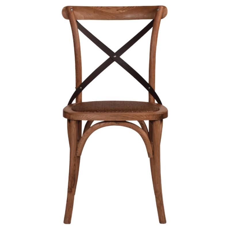 Hoton Oak Timber Cross Back Dining Chair, Black Metal Strap