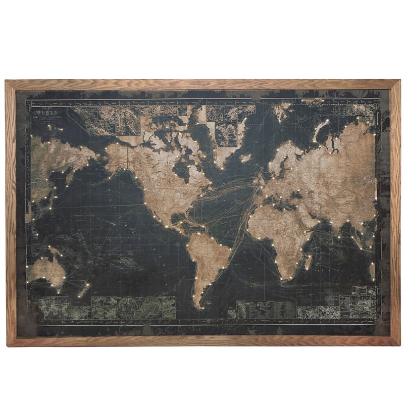 Map of The World Framed Canvas Wall Art Print with LED, 180cm, Black