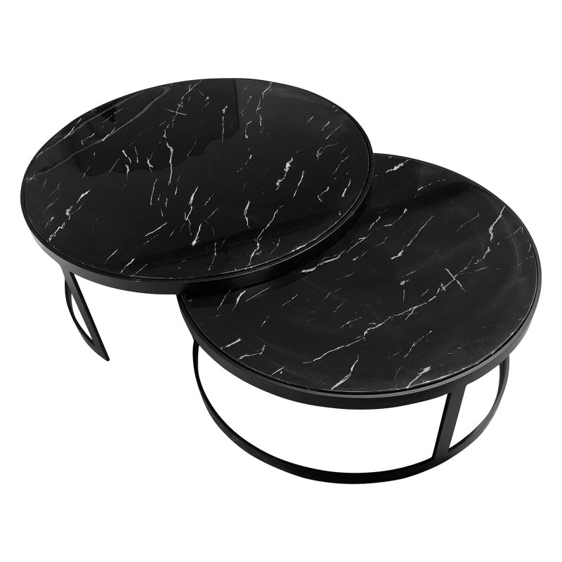 Mirabello 2 Piece Faux Marble Topped Metal Round Nesting Coffee Table Set, 100cm, Black