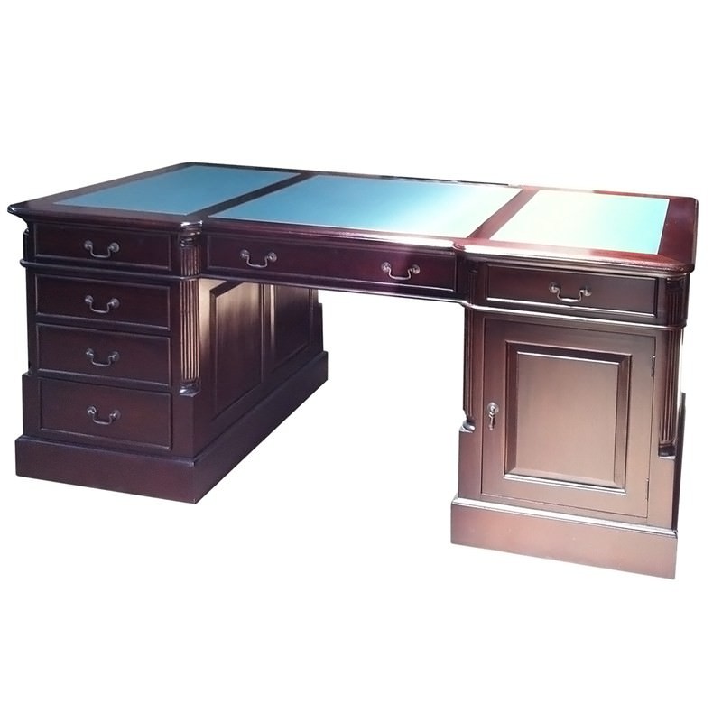 Double Sided Partners Desk | mid century modern english oak double sided partner writing desk oxblood leather.