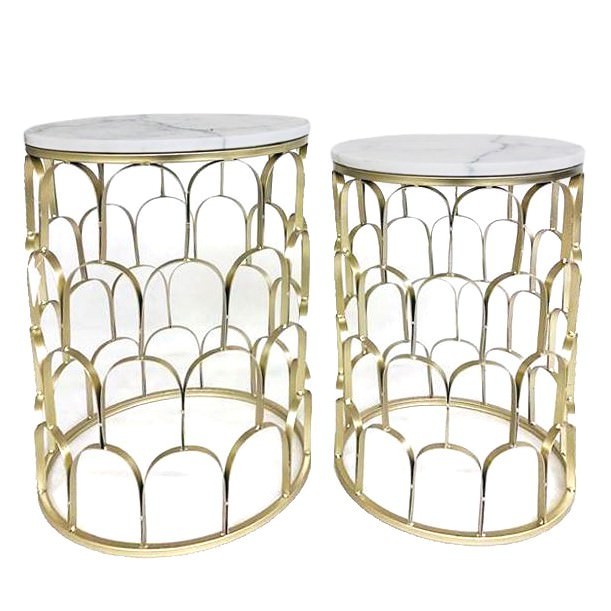 Stephanie 2 Piece Metal Marble Side Table Set Champagne