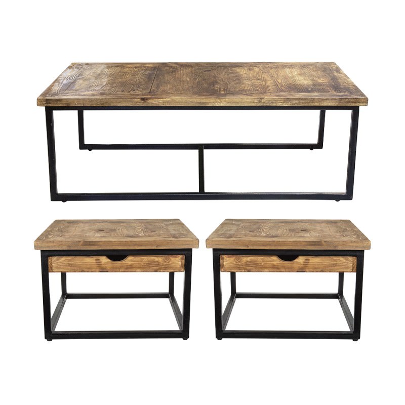 Sumatra 3 Piece Pine Timber Iron Coffee Table Set 130cm