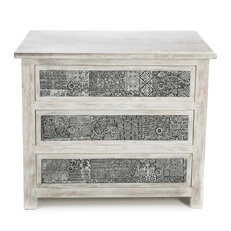 Solid Mango Wood 3 Drawer Stamp Block Chest In White Wash
