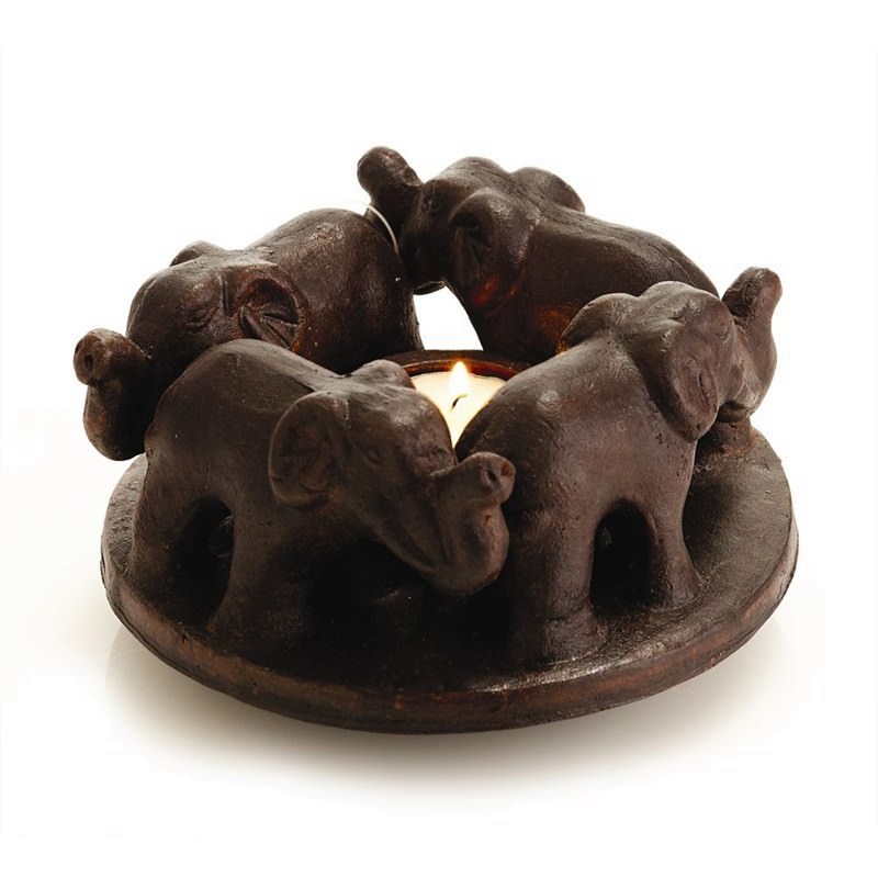 Dark Brown Terracotta TLight Holder 4 Elephant
