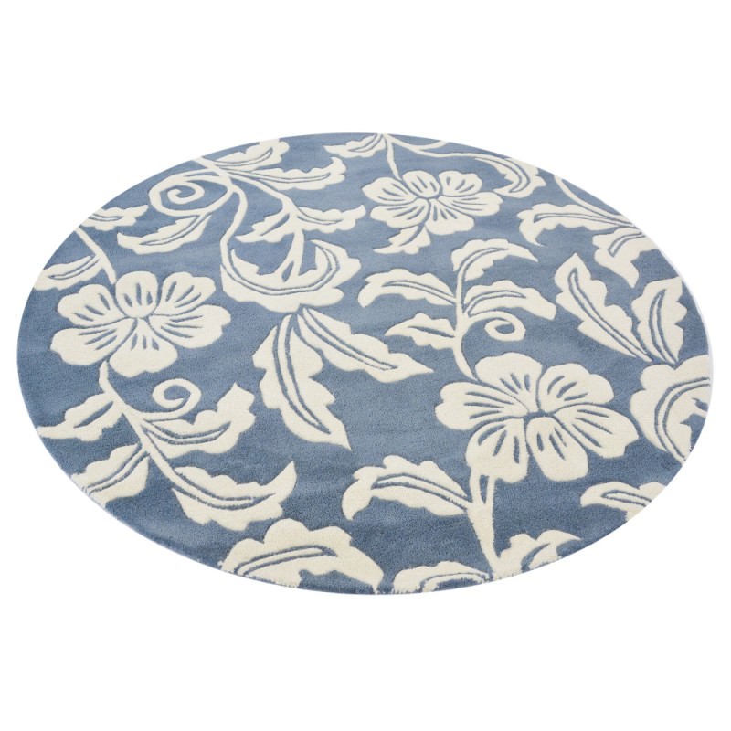 Botanical Floral Handmade Round Wool Rug, 150cm, Blue