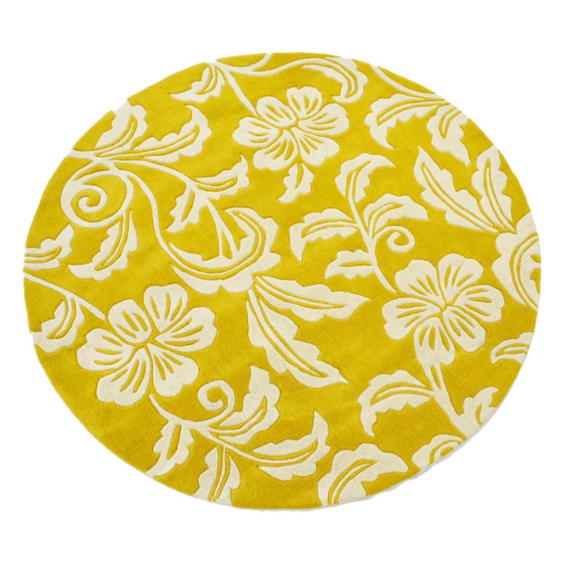 Botanical Floral Handmade Round Wool Rug, 150cm, Yellow