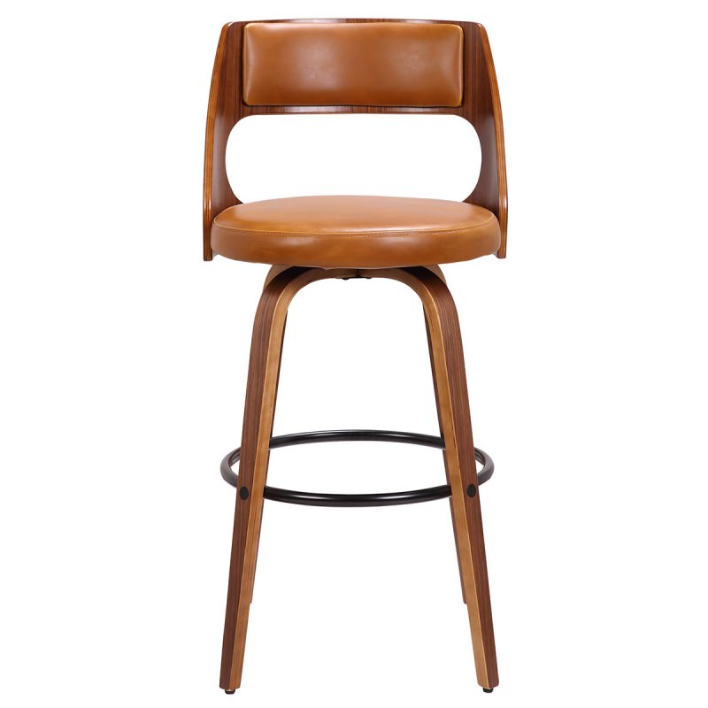 Set of 2 Oslo Commercial Grade Bentwood Bar Chairs with Faux Leather Swivel Seat, Tan / Walnut