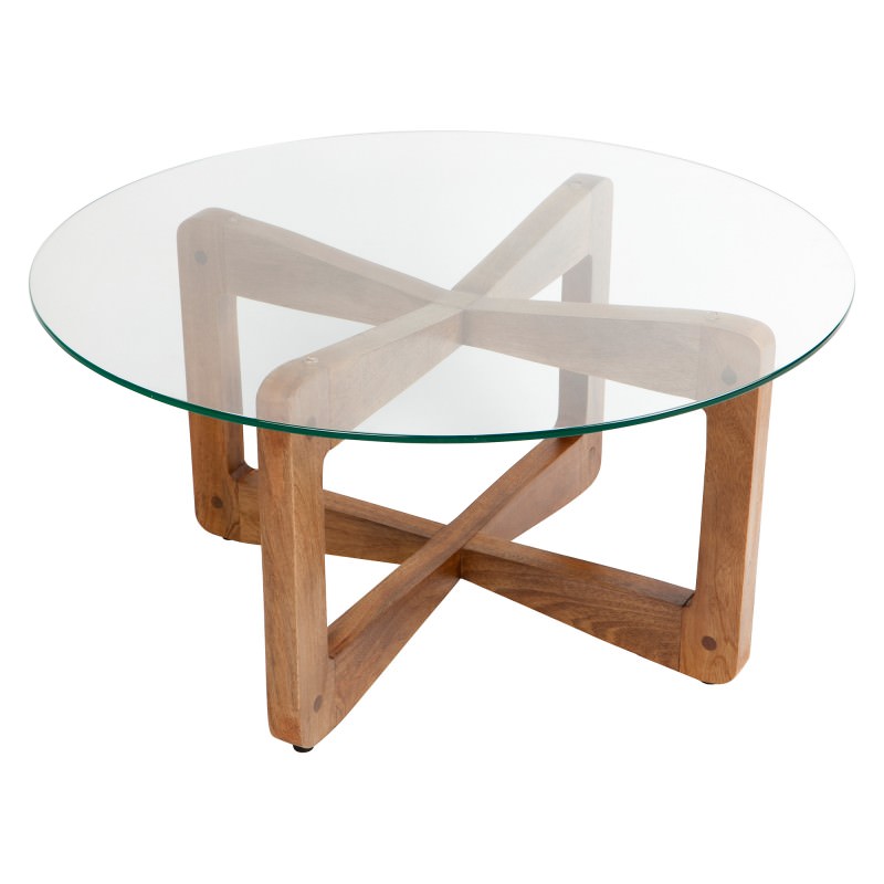 Lisbon Glass & Teak Timber Round Coffee Table, 80cm
