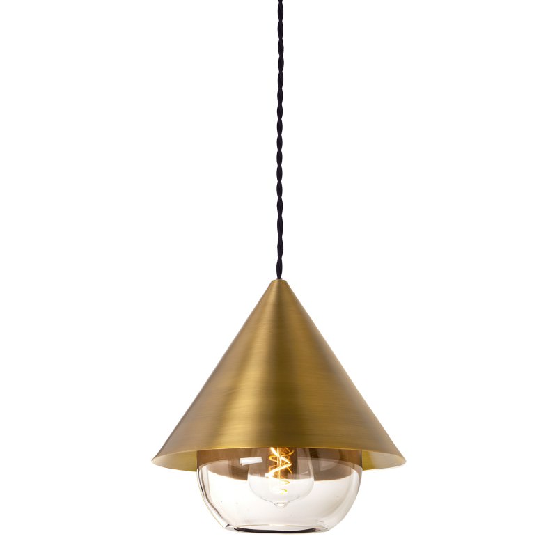 Parlour Cone Metal Pendant Light with Sphere Glass Shade, Antique Brass