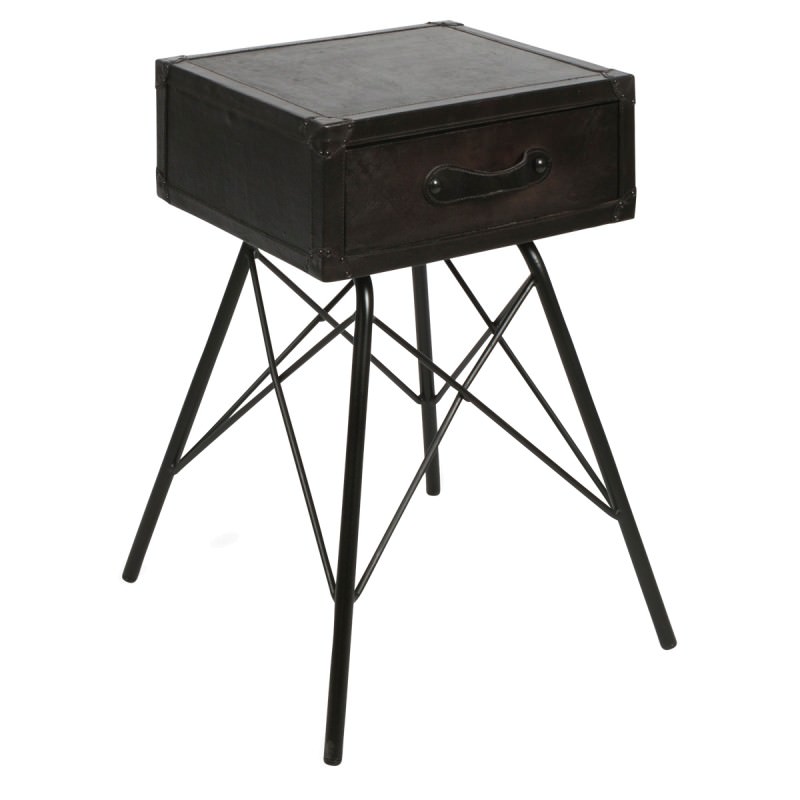 Hayden Leather Single Drawer Bedside Table With Iron Legs Black