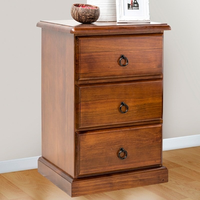Standard New Zealand Pine 3 Drawer Bedside Table in Chocolate