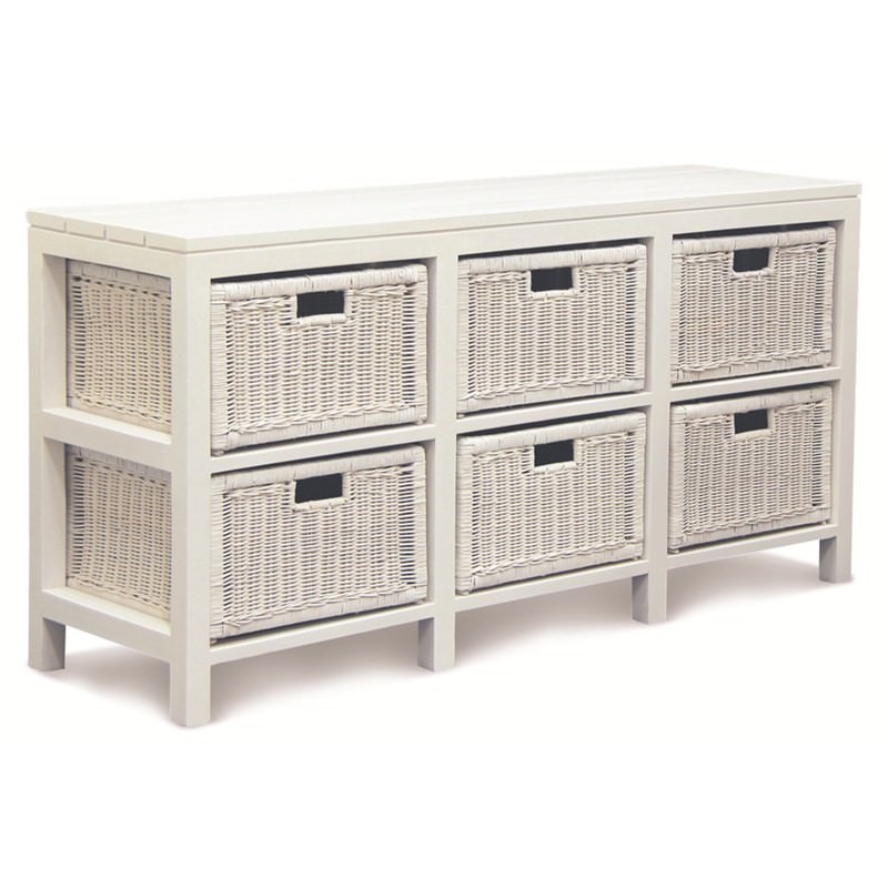 Solid Mahogany Timber Storage Unit With 6 Rattan Baskets White