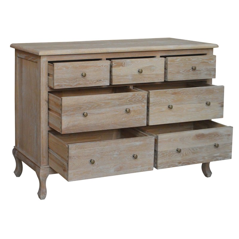 Adele Oak Timber 7 Drawer Dresser, Lime Washed Oak