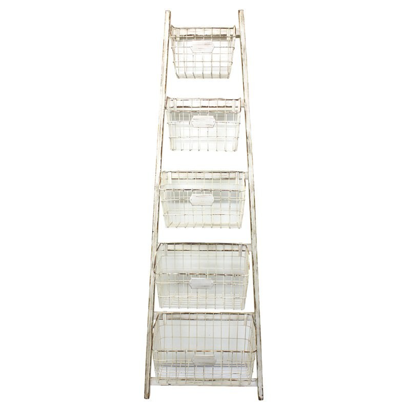 Newport Metal Ladder Storage Unit With 5 Metal Wire Baskets Antique White