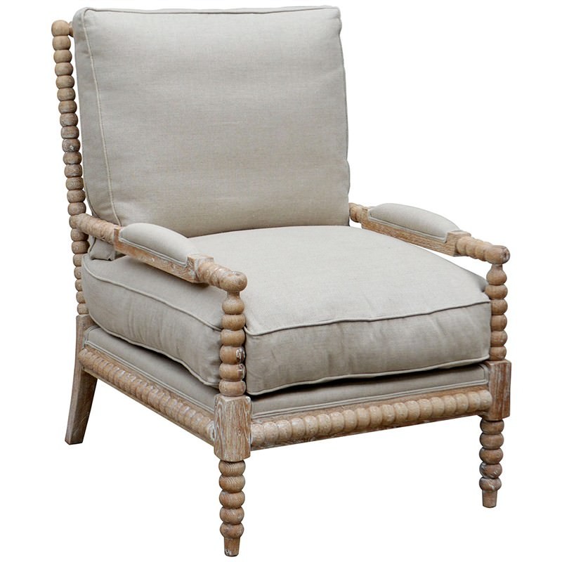 Bobbin Solid Oak Timber Armchair with Linen Cushions, Oatmeal/White