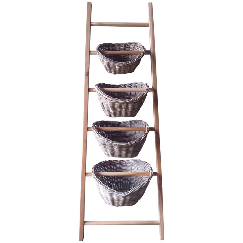 Carmen Teak Timber Ladder Display With Rattan Baskets