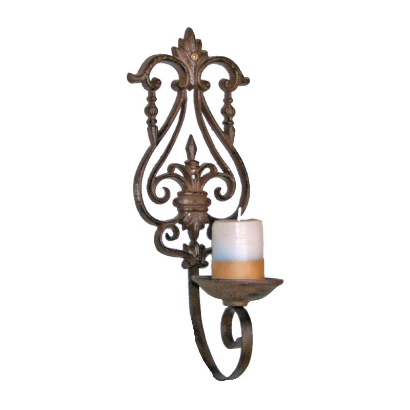 Fleur De Lis Cast Iron Wall Mount Candle Holder, Antique Rust