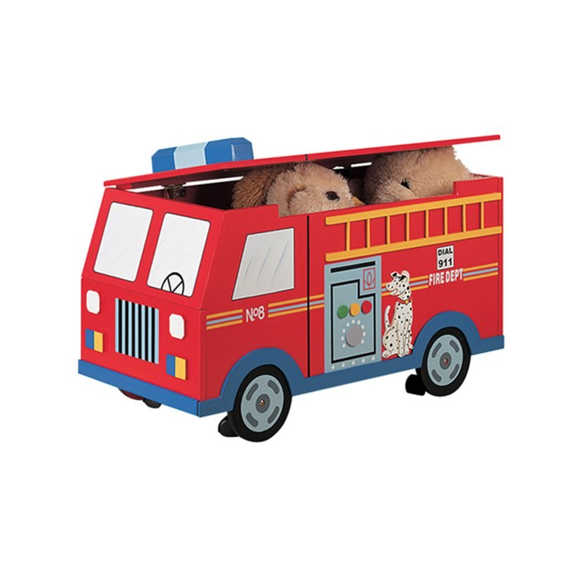 Fire Engine Toy Chest On Wheels Decorated with a felt appliqué on the front ideal for use in a nursery, child's bedroom or playroom.