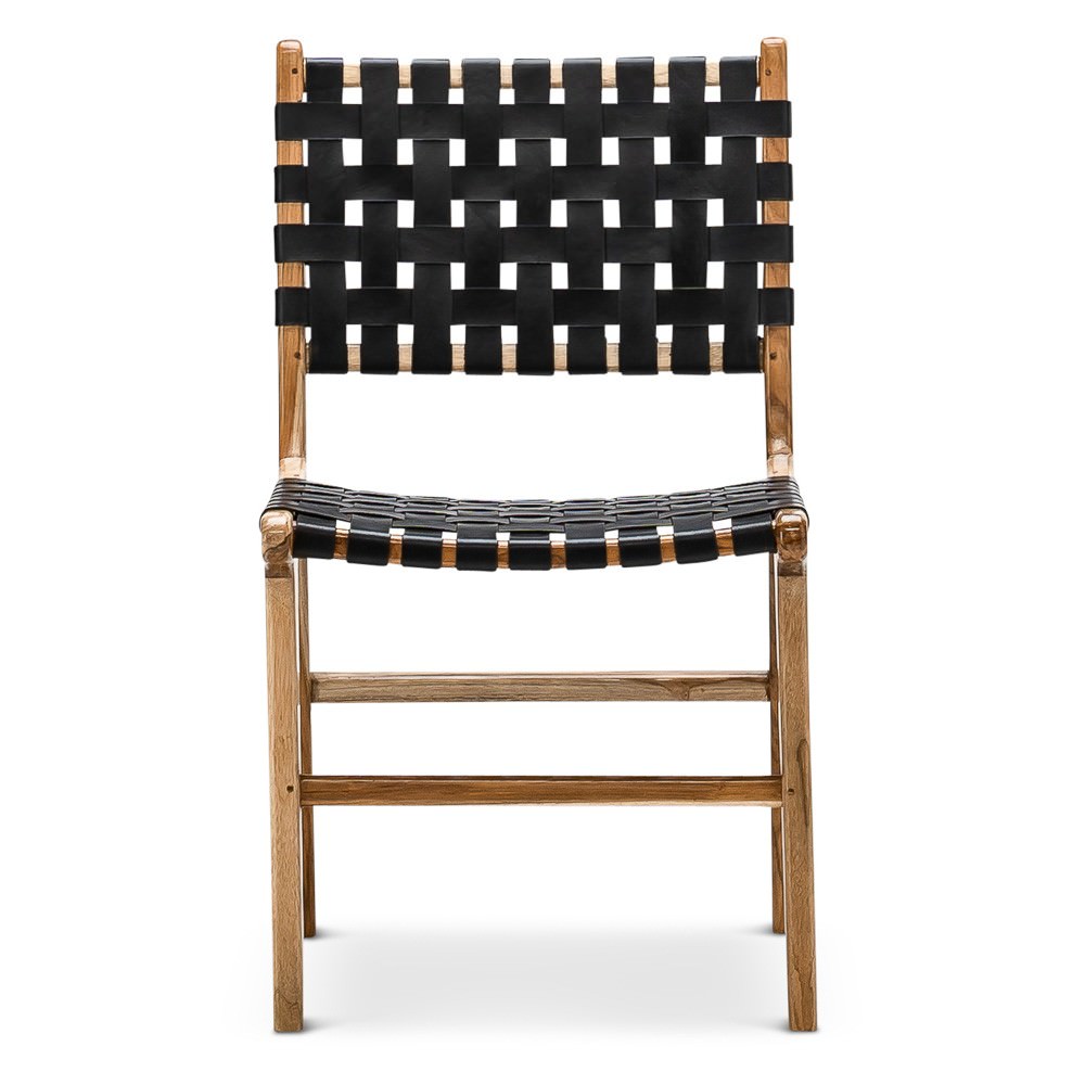 Lazie Leather Strap & Teak Timber Dining Chair, Set of 2, Black