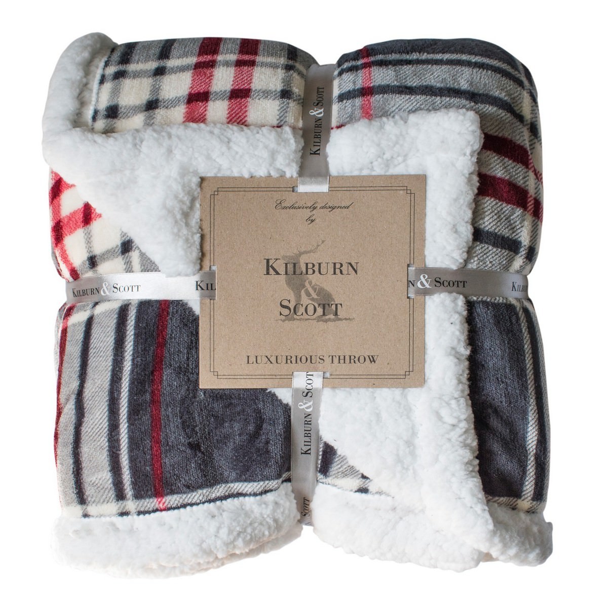 Kilburn & Scott Sherpa Double Sided Check Flannel Throw, Grey / Red