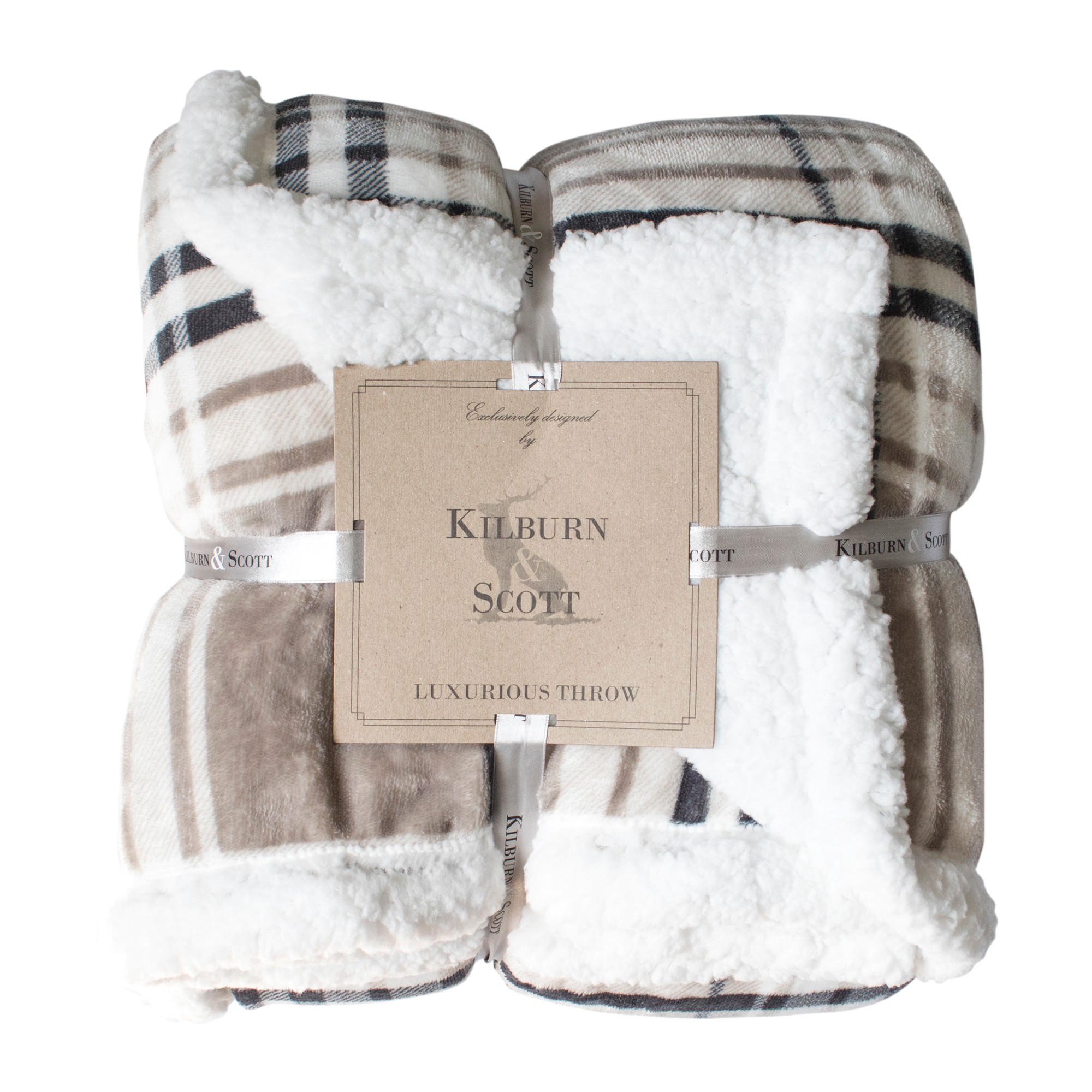 Kilburn & Scott Sherpa Double Sided Check Flannel Throw, Taupe / Grey