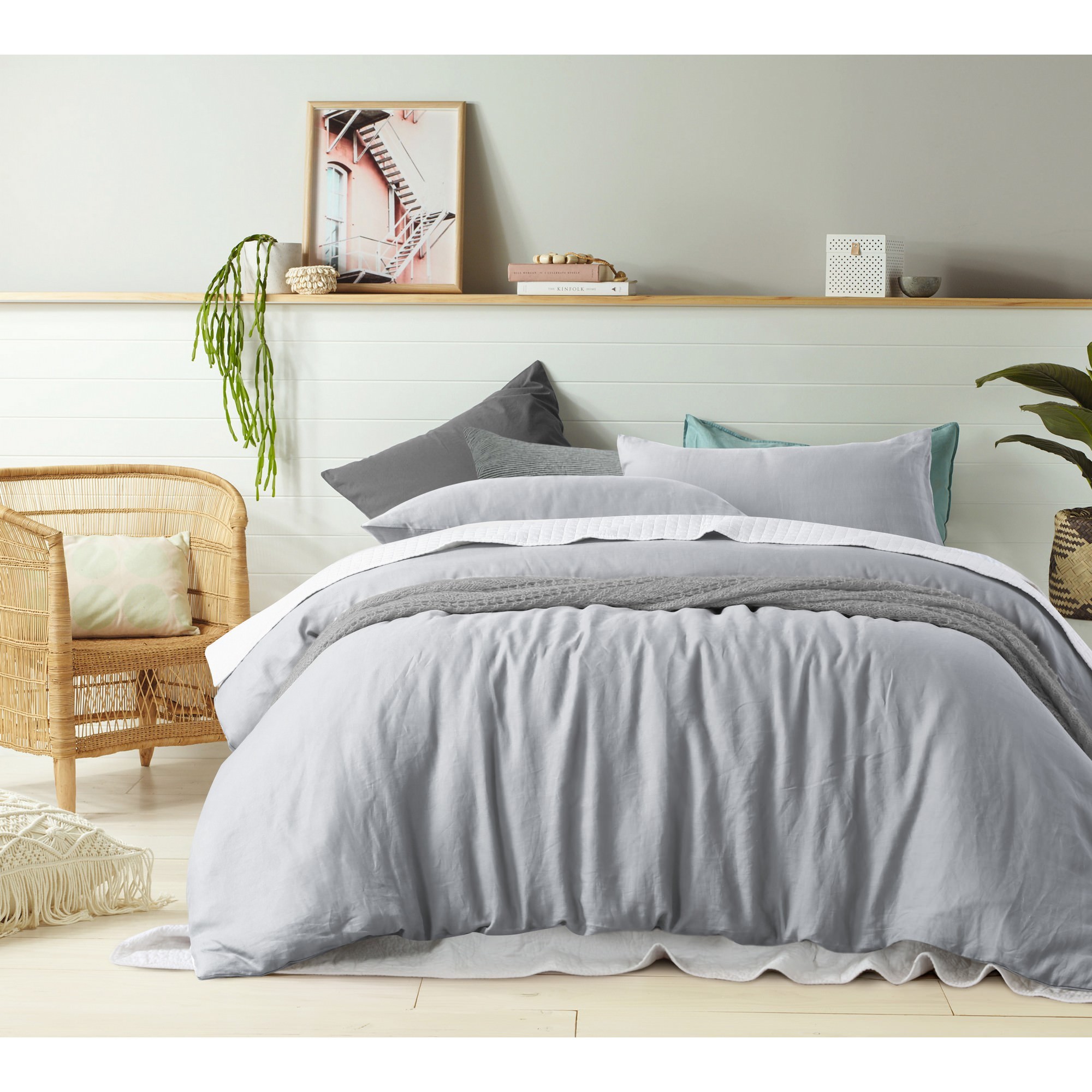 Vintage Design Homeware French Linen Quilt Cover Set, King, Dove Grey