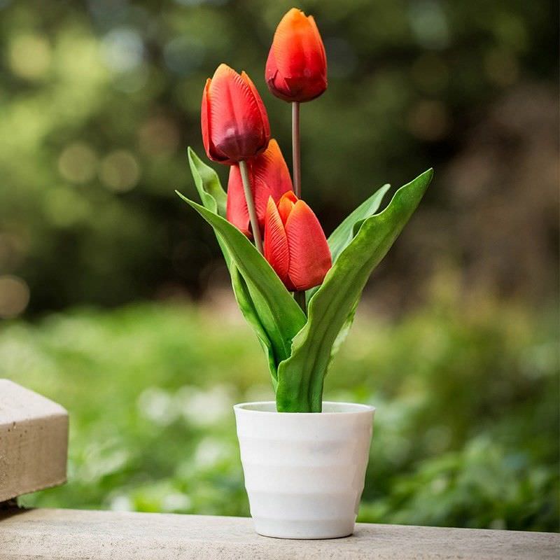 4 Head Artificial Tulip in Pot Sunset Red