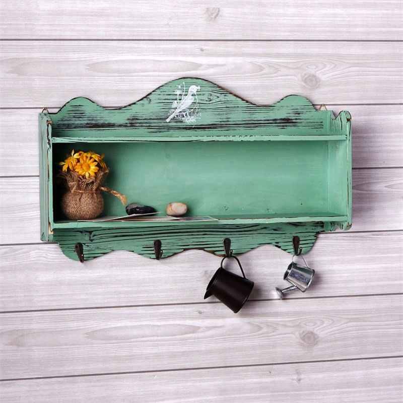 Caher Wooden Wall Shelf With Hooks