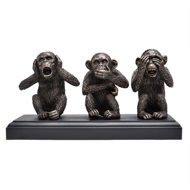 Cast Bronze Figurine of Three Wise Monkeys with Wooden Base
