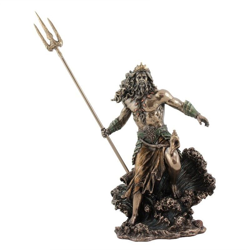 Cast Bronze Greek Mythology Figurine, Poseidon Holding Trident