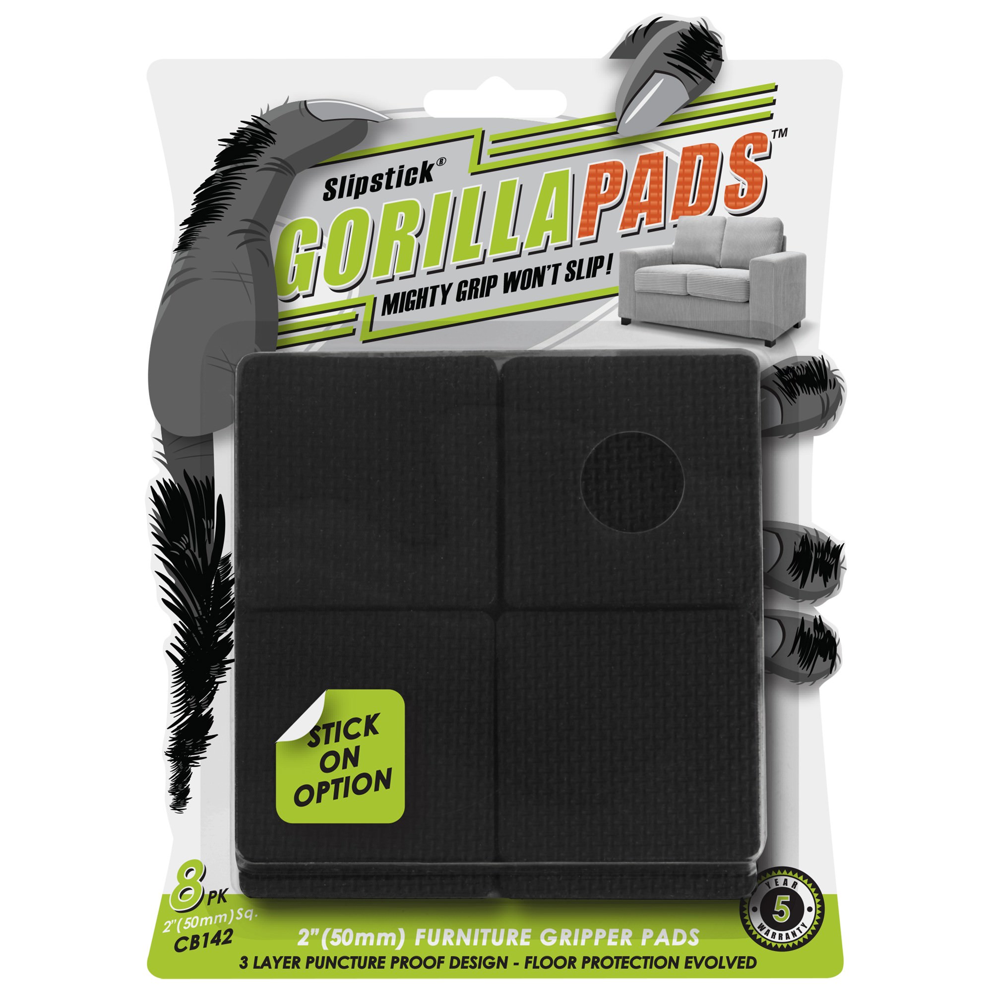 Slipstick Gorilla Furniture Gripper Pads, 5cm, Square, 8 Pack