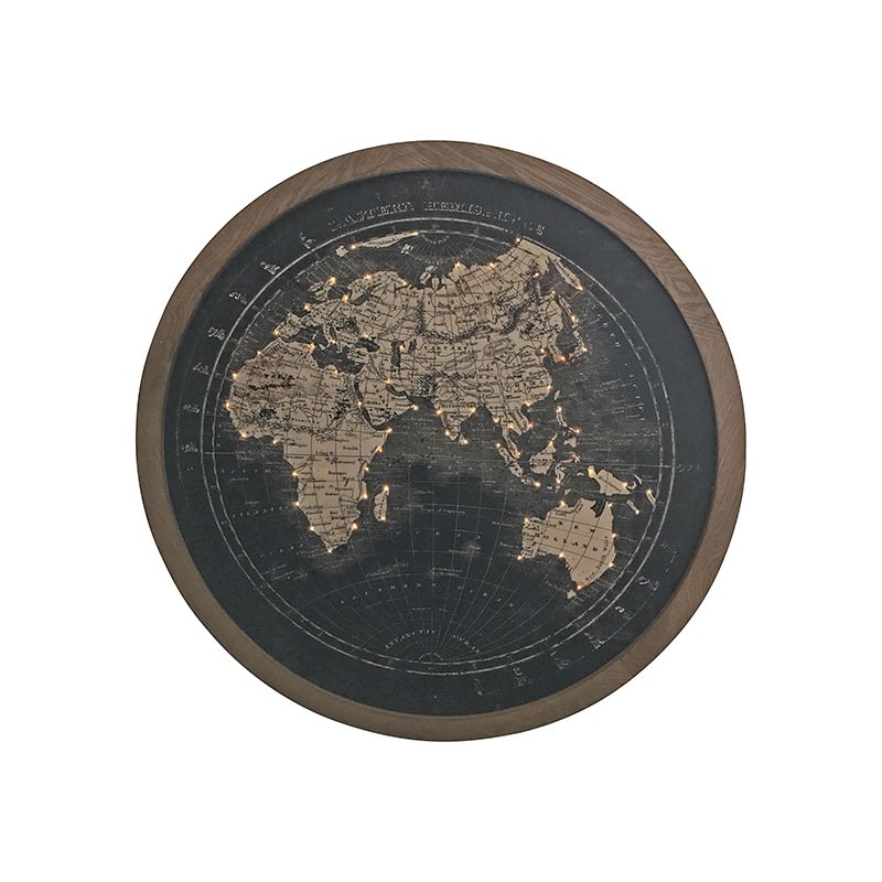 Map of The World Round Framed Canvas Wall Art Print with LED, 100cm