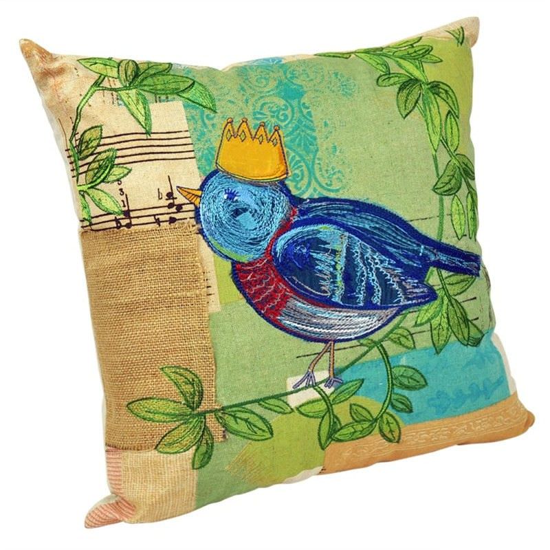 Patchwork Cotton Cushion with Embroidery Bird