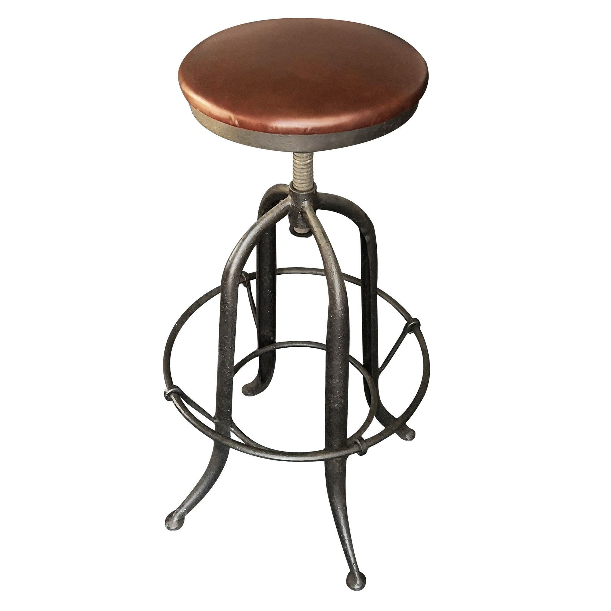 Francis Industrial Iron Adjustable Bar Stool with Leather Seat