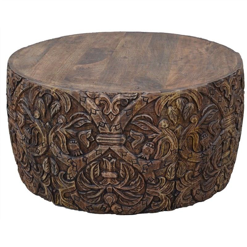 Romer Carved Solid Mango Wood Timber Round Coffee Table